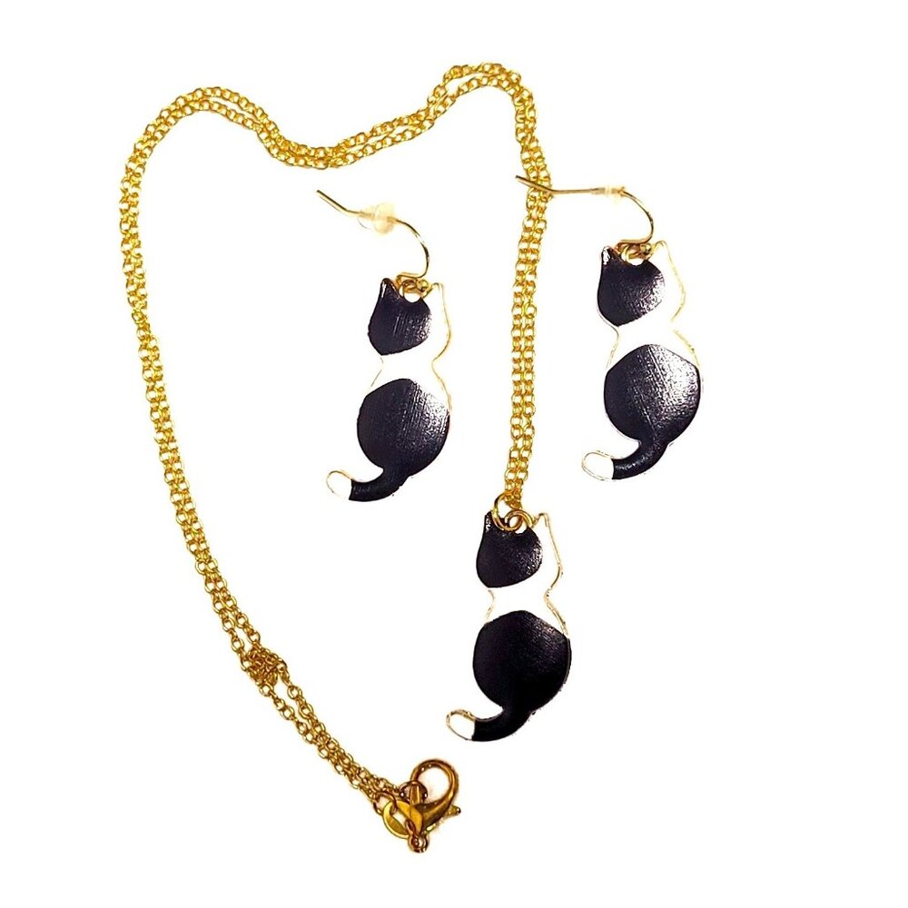 Black and White Enamel Painted Kitty Cat Back Earrings & Necklace Set NWT